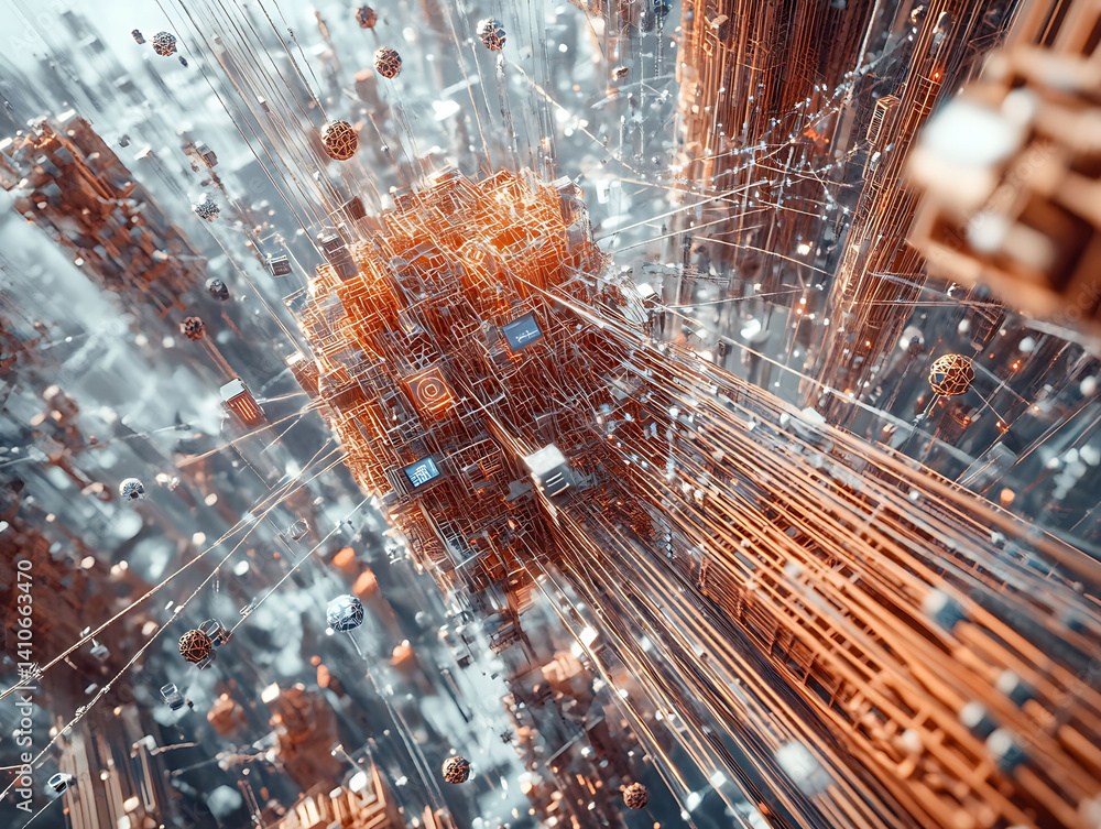 Poster abstract 3d render of a futuristic cityscape. intricate network of glowing copper structures and nod