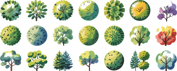  Collection of Different Trees and Bushes, Various Tree Shapes and Designs, Green Nature, Trees and Bushes for Environmental and Nature Concept