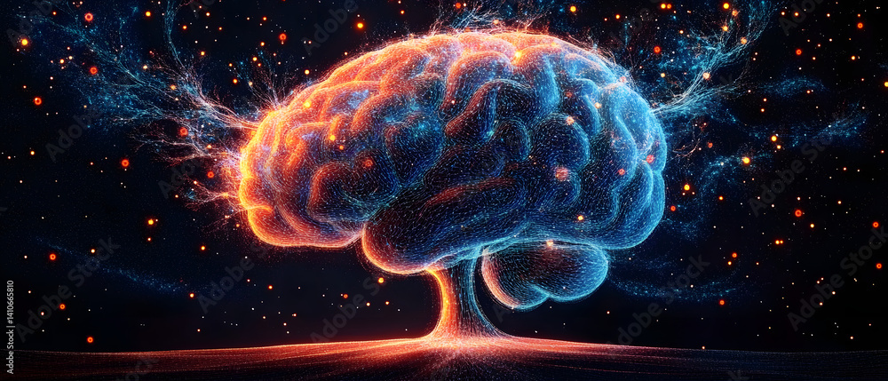 Poster human brain bursting with colorful neural pathways and branches growing out, forming a tree of knowl