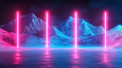 The mountain landscape has an abstract and vintage quality, illuminated by neon lights