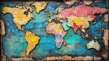 Vintage world map with textured earth tones and rustic borders