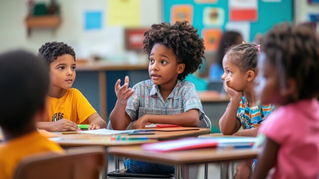 Elementary school children engaged in a classroom discussion. - Powered by Adobe