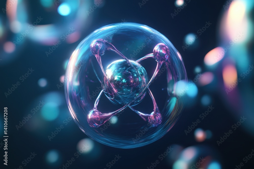 Poster visual representation of an atom with colorful electrons in a dark background