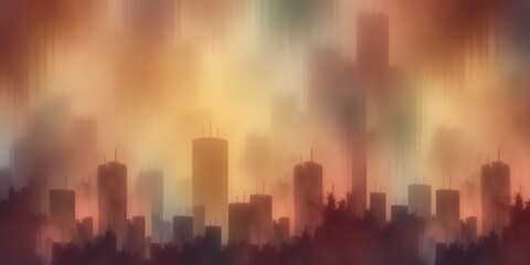 Abstract cityscape silhouette with warm tones and blurred edges creating a dreamy atmosphere