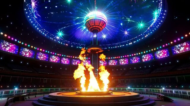 A large arena with a fire in the middle of it