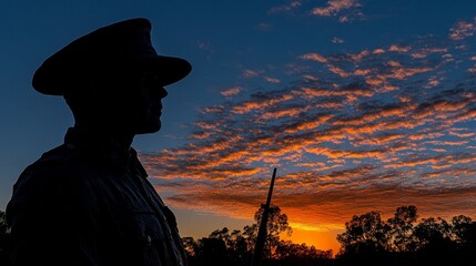 Australian army soldier wearing uniform and hat on Anzac Day remembrance ceremony in white