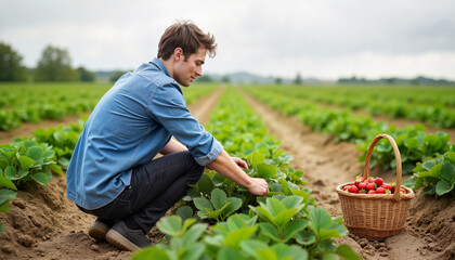 Focused young man picking strawberries in a farm, nature's bounty