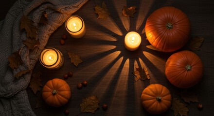 Cozy autumn still life with pumpkins, candles, and colorful leaves. Perfect seasonal setting for fall-themed designs, Thanksgiving, and harvest celebrations.