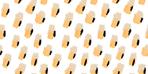 Abstract Leopard Seamless Pattern. Wild Cat Fur Print With Irregular Black and Beige Brush Spots On A White Background. Simple Repeatable Print Made Of Coral, Beige And Black Stains.