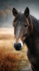 Obraz premium Majestic horse gazes at the camera in a serene autumn landscape during the golden hour