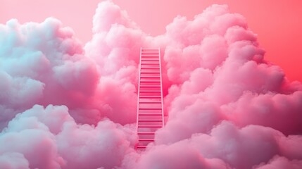 Surreal pink clouds with stairway leading to sky in dreamy imagery