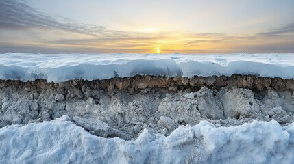 Frozen landscape at sunrise, snow-covered ground with exposed earth. Layers of ice and snow reveal the earth below