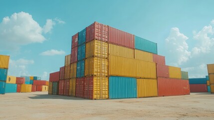 Fototapeta premium Freight sea port terminal with stacked cargo containers and room for additional text