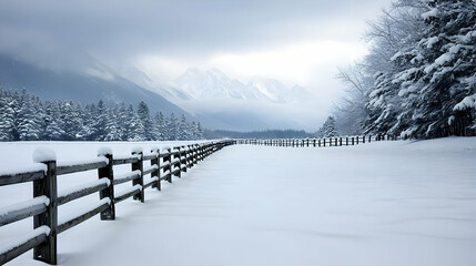 Snowy Countryside Landscape With Wooden Fence And Mountains