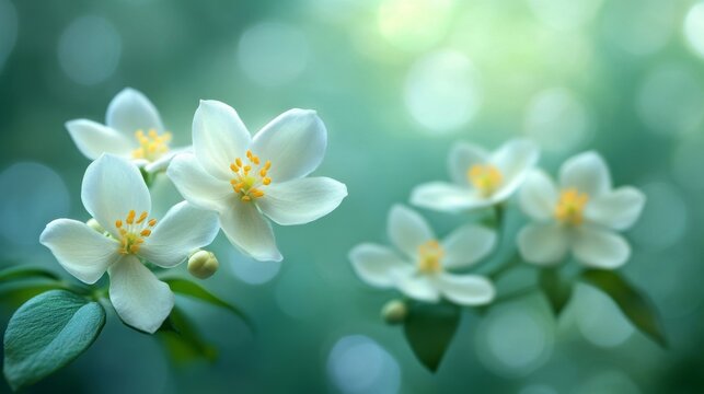 In India, a stunning white jasmine flower, referred to as mogra, jui, chameli, malti, or mallika, is captured in closeup on its plant against a softly blurred backdrop