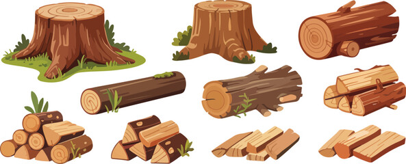 Various Wood Logs and Tree Stumps, Cut Wood, Firewood, Forestry, Natural Resources, Timber, and Wood Cutting, Sustainable Wood Collection