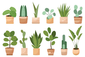 Minimalist collection of houseplants and potted plants in flat style. Perfect for interior design, packaging, stickers, and home decor projects.