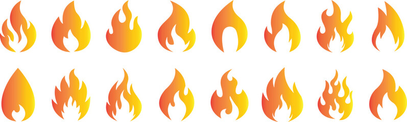 Fire flame flat icon set. Bonfire silhouette logotype. Burning fire flame icons collection isolated on transparent background. Campfire element vector illustration.