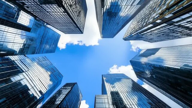 Towering skyscrapers reaching toward sunny blue sky