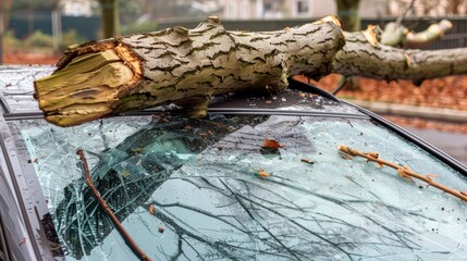Storm damaged car under fallen tree  broken windshield and dented roof on suburban street