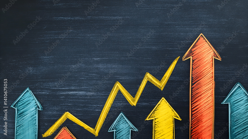 Poster ascending arrows: illustrating growth and progress with colorful arrows pointing upwards on a dark b