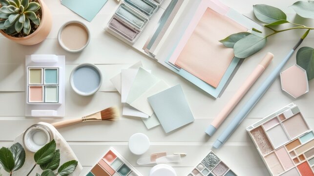Creative workspace with pastel art supplies for interior design inspiration