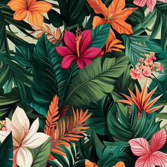 Vibrant Tropical Floral Pattern with Lush Green Leaves