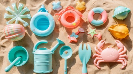 Vibrant summer beach toys arrangement on sand for kids' playtime fun