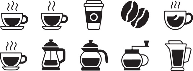  Various coffee-related icons including cups, brewers, grinders, and coffee beans. Great for designs related to coffee culture, cafés, and beverage industries.