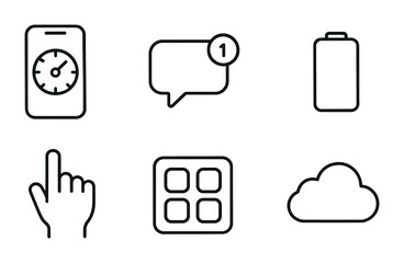 Minimalist icons set: clock, chat, battery, gesture, apps, cloud.