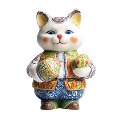 Colorful Folk Cat Figurine with Painted Eggs