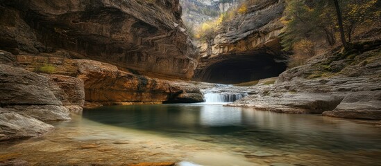 Serene landscape featuring a small waterfall and a tranquil water body