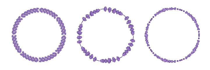 Lavender Frame Set for Design. Hand Drawn Round Border Line Leaves and Flowers Wedding Invitation and Cards Logo Design and Poster Template. Elegant Minimalist Floral Set