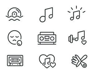 Music themed outlines: notes, radio, cassette, icons of melody and rhythm.