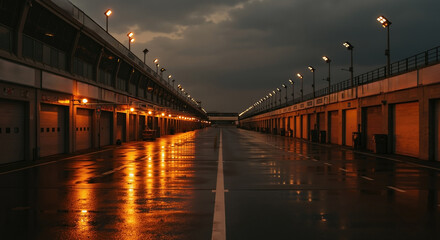 Empty race track pit lane at dusk with wet asphalt reflecting orange lights. Motorsport facility with garage buildings and team boxes on both sides under dramatic cloudy sky. Racing infrastructure con