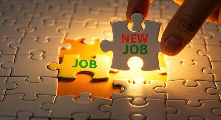Hand placing puzzle piece with "NEW JOB" text connecting to "JOB" piece. Career change and employment transition on white jigsaw. recruitment services, career coaching, job search platforms