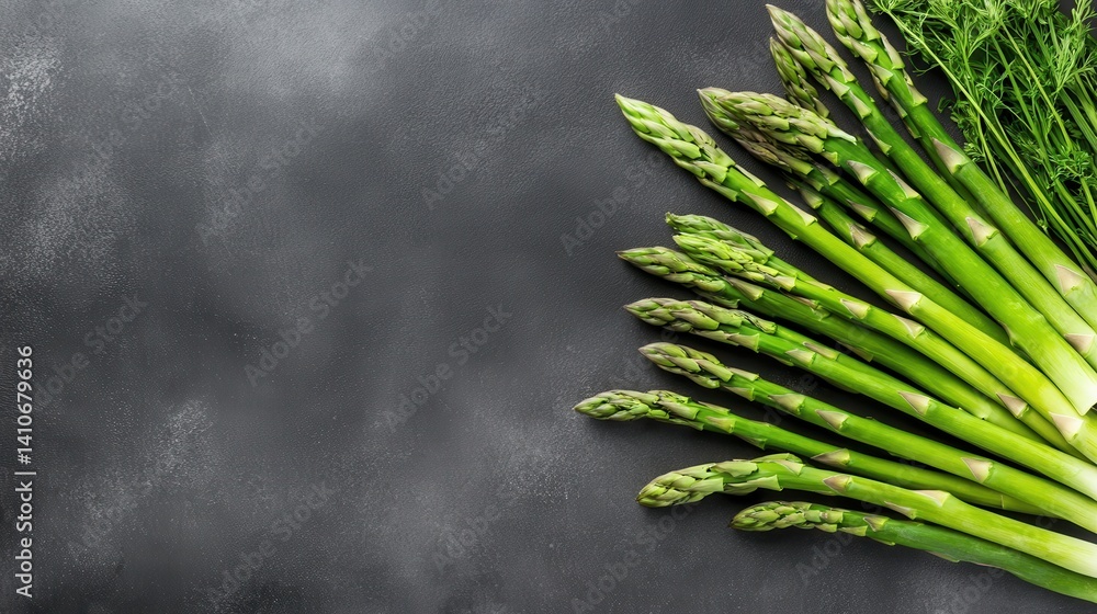 Poster this image showcases visually appealing fresh asparagus arranged on a dark surface, complemented by 