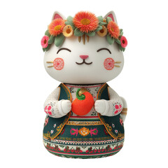Fototapeta premium Smiling Folk Cat Holding a Bright Red Pepper