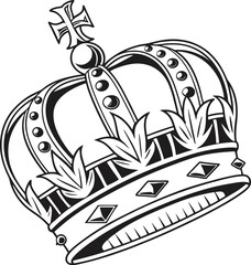 Elegant Black and White Royal Crown Illustration with Intricate Deta 