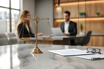 In a professional office environment, a golden scale symbolizes justice on a marble table, while a contract and glasses lay nearby with two professionals.