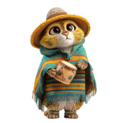 Fototapeta premium Adorable Cat in Colorful Poncho Playing a Drum