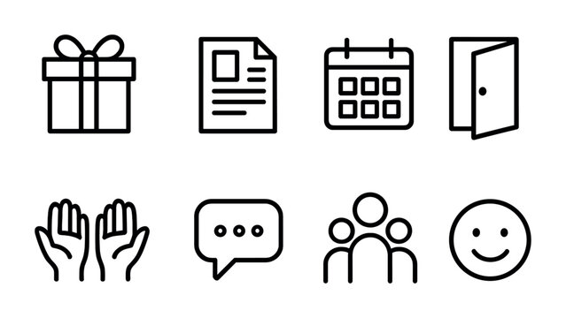 Simple icons: gift, document, calendar, door, hands, speech bubble, group, smile.
