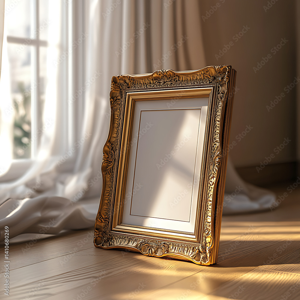 Poster decorative photo frame stands elegantly in bright room, illuminated by soft natural light. ornate de