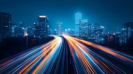 Obraz premium Dynamic light trails converge on a sleek, futuristic highway, a testament to the speed of modern transportation, set against the illuminated cityscape at dusk, the blend of motion and urban life.