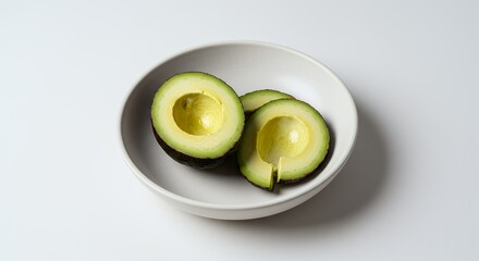 Fresh avocado halves in a bowl on a white background for healthy eating