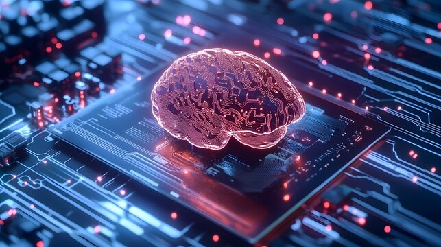Digital Brain Concept: A vibrant, futuristic digital brain illuminates a motherboard, representing the convergence of artificial intelligence and human intellect.