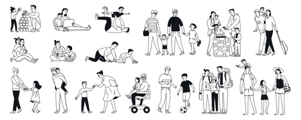 Big set of grandparents and grandchildren, parents and children, vacation together. Active games and communication, trip. Isolated doodle