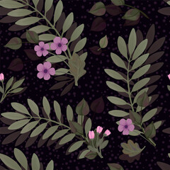 Dark seamless floral pattern with leaves and flowers. Suitable for fabric, gift wrap, wallpaper. Watercolor effect. Vector illustration