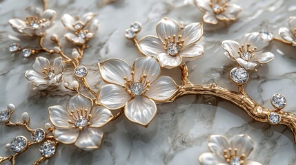 This luxury gold tree features white flowers and boasts an elegant design with a 3D effect, while diamonds adorn the flowers and branches, making it suitable for wallpaper murals with a sophisticated