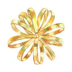 Gold curl from vibrant collection of bows, ribbons. Hand-painted in watercolor with gold paint accents. Isolate element is presented for decorating, designing textile, wallpaper, prints, packaging